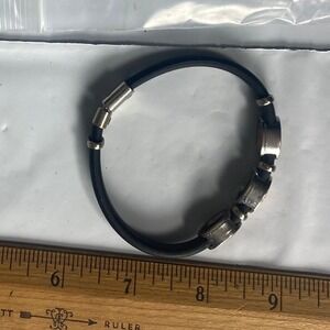 Mens Leather Bracelet Silver Tone Charms Black Cord Bangle Jewelry